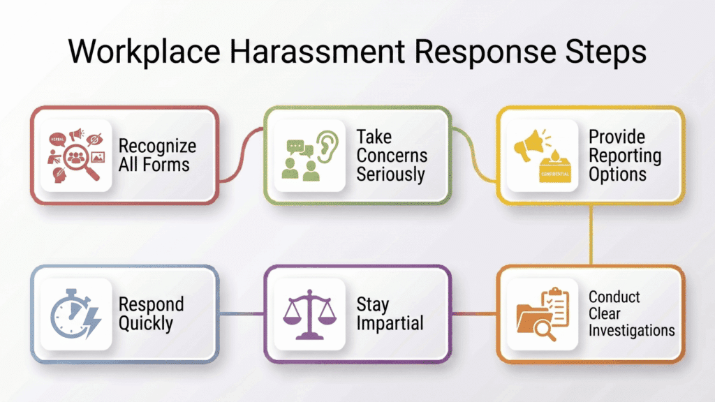 Infographic showing six workplace harassment response steps with icons, from recognizing forms to clear investigations.
