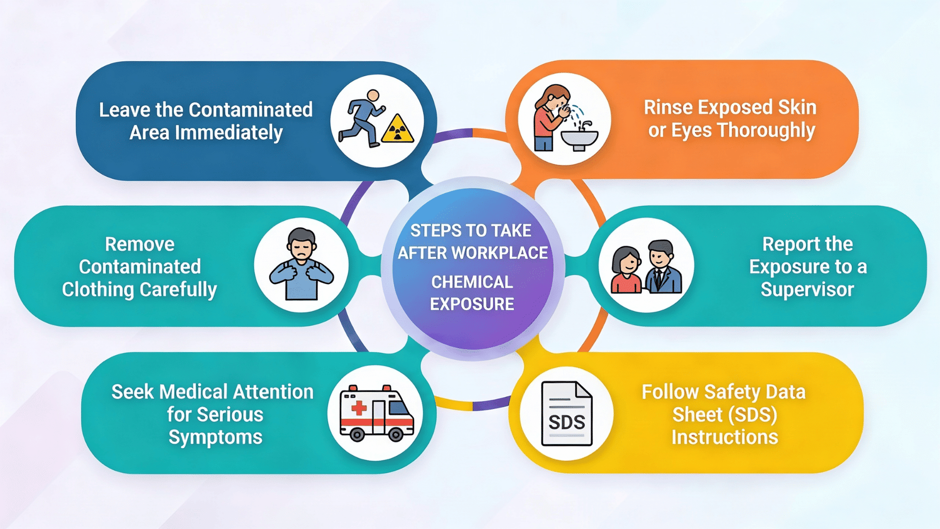 Infographic showing steps to take after workplace chemical exposure, including rinsing skin, reporting exposure, and seeking care.