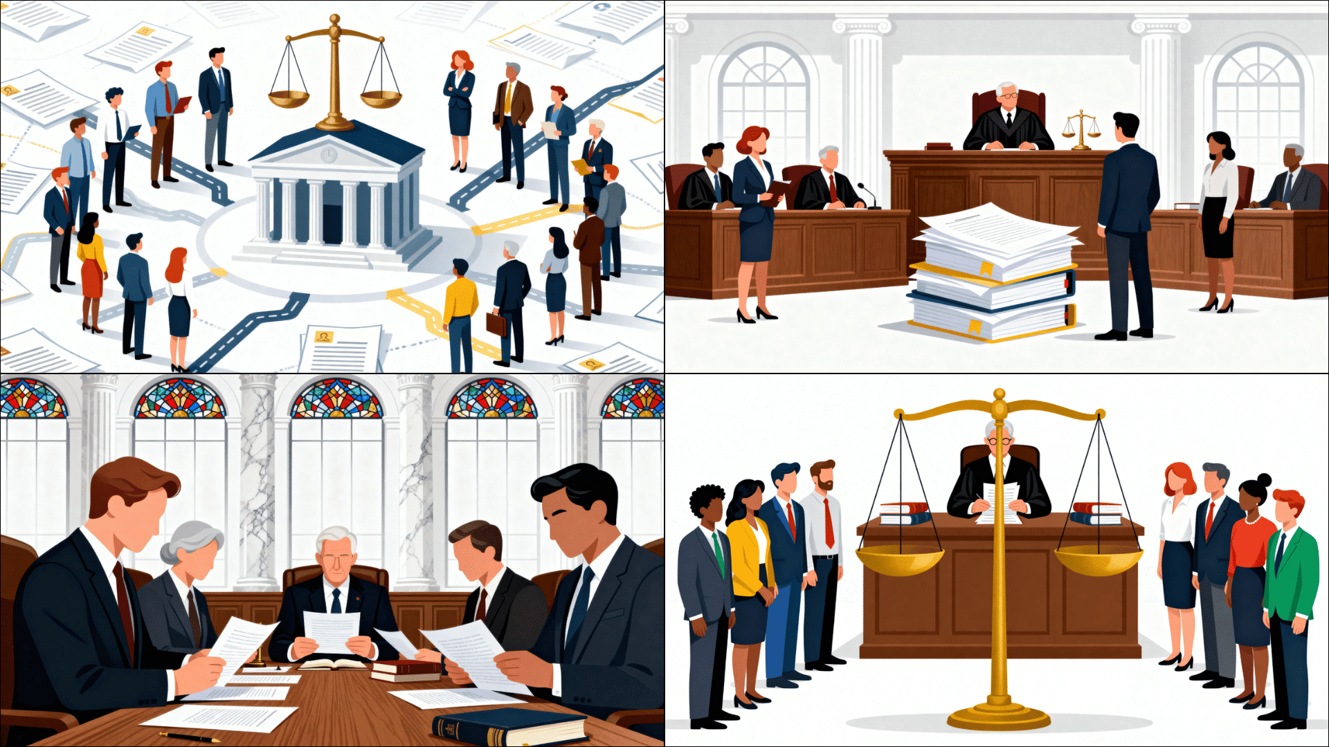 Four-panel legal system illustration showing courthouses, judges, attorneys, legal documents, and scales of justice