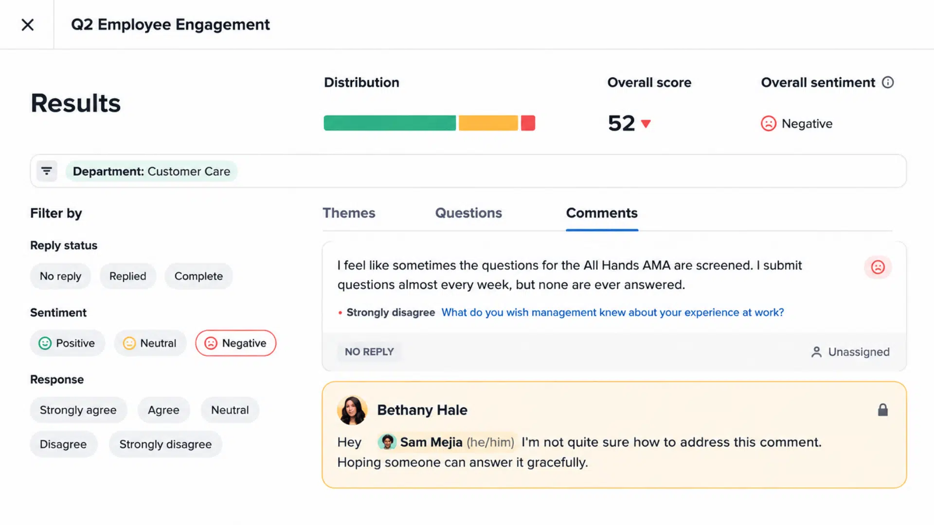 Lattice pulse survey software dashboard showing Q2 Employee Engagement results with distribution bars, overall score, sentiment indicators, and employee comments.