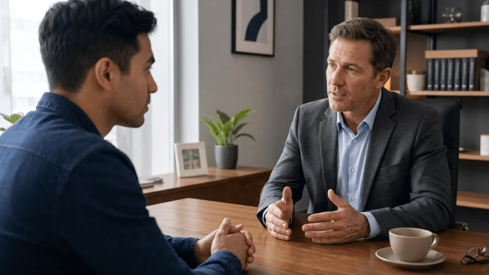 Manager giving constructive feedback during a one-on-one performance review.