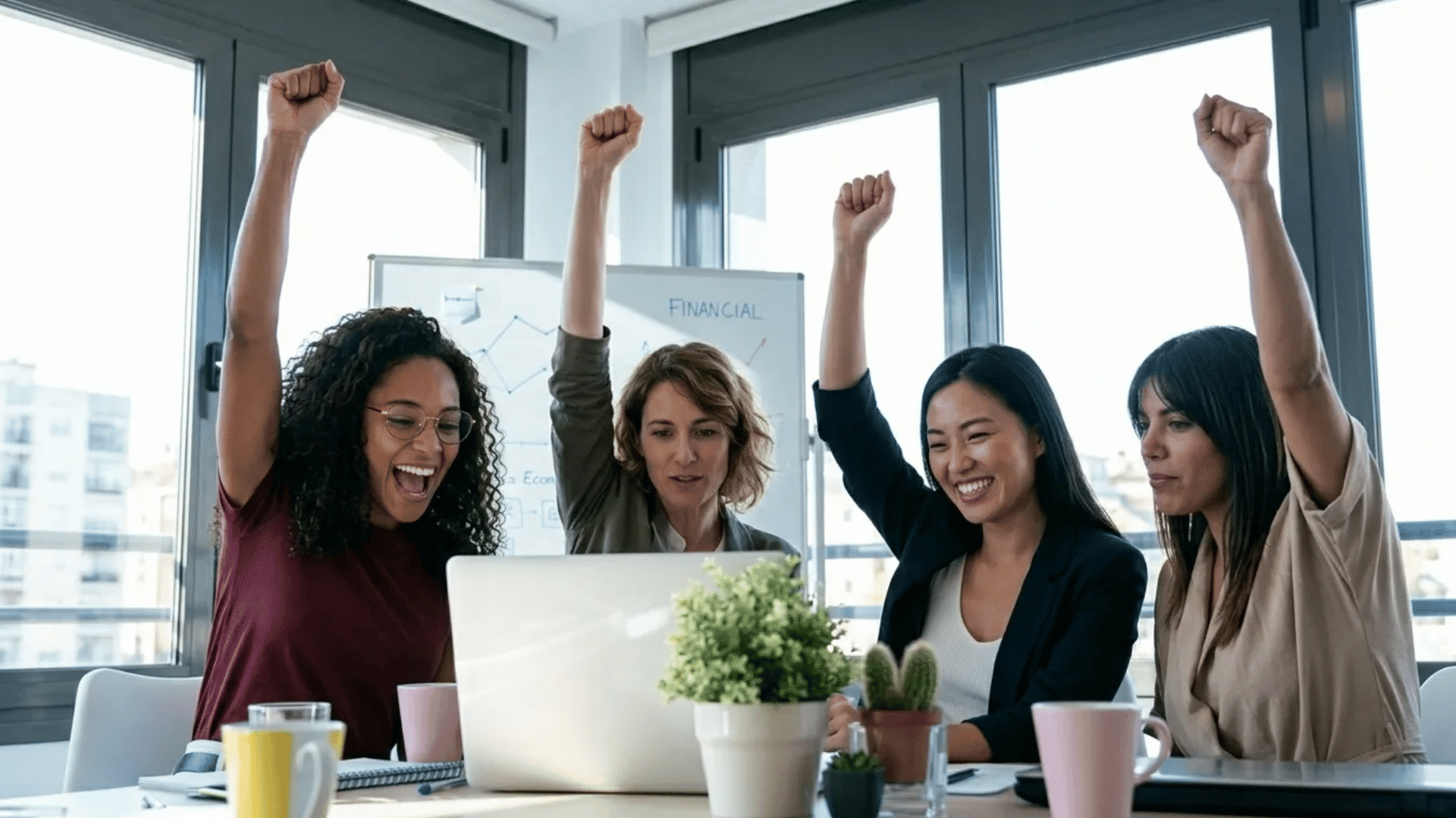 Motivated coworkers celebrating a successful project together in an office meeting room around a laptop.