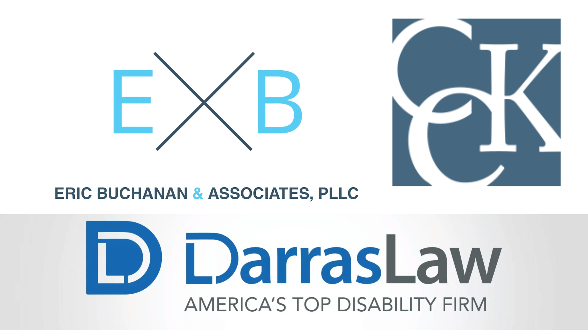 Logos of eric buchanan & associates, cck law, and darraslaw erisa disability firms
