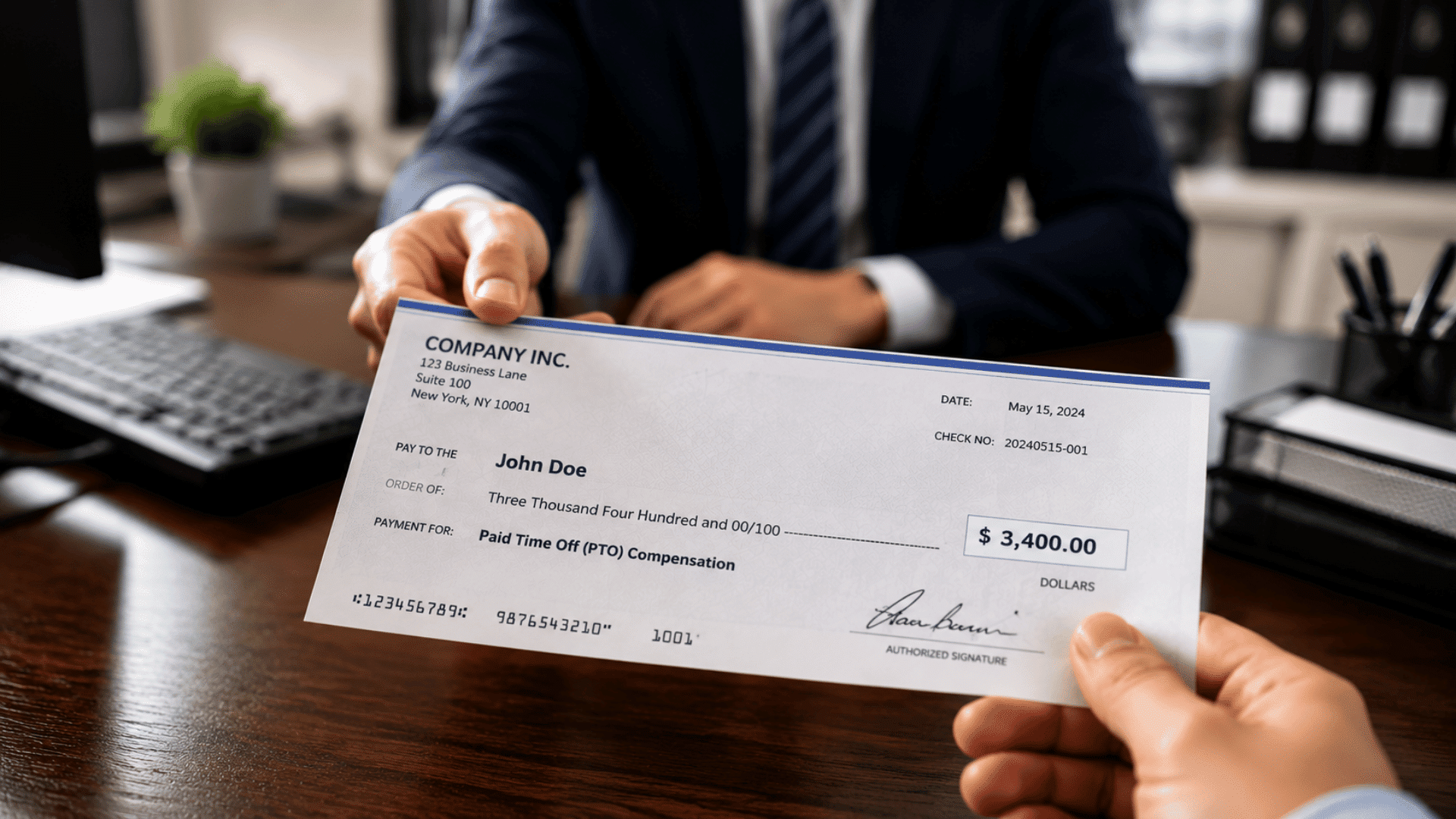 A man holds a check in front of a desk, showcasing a successful financial achievement.