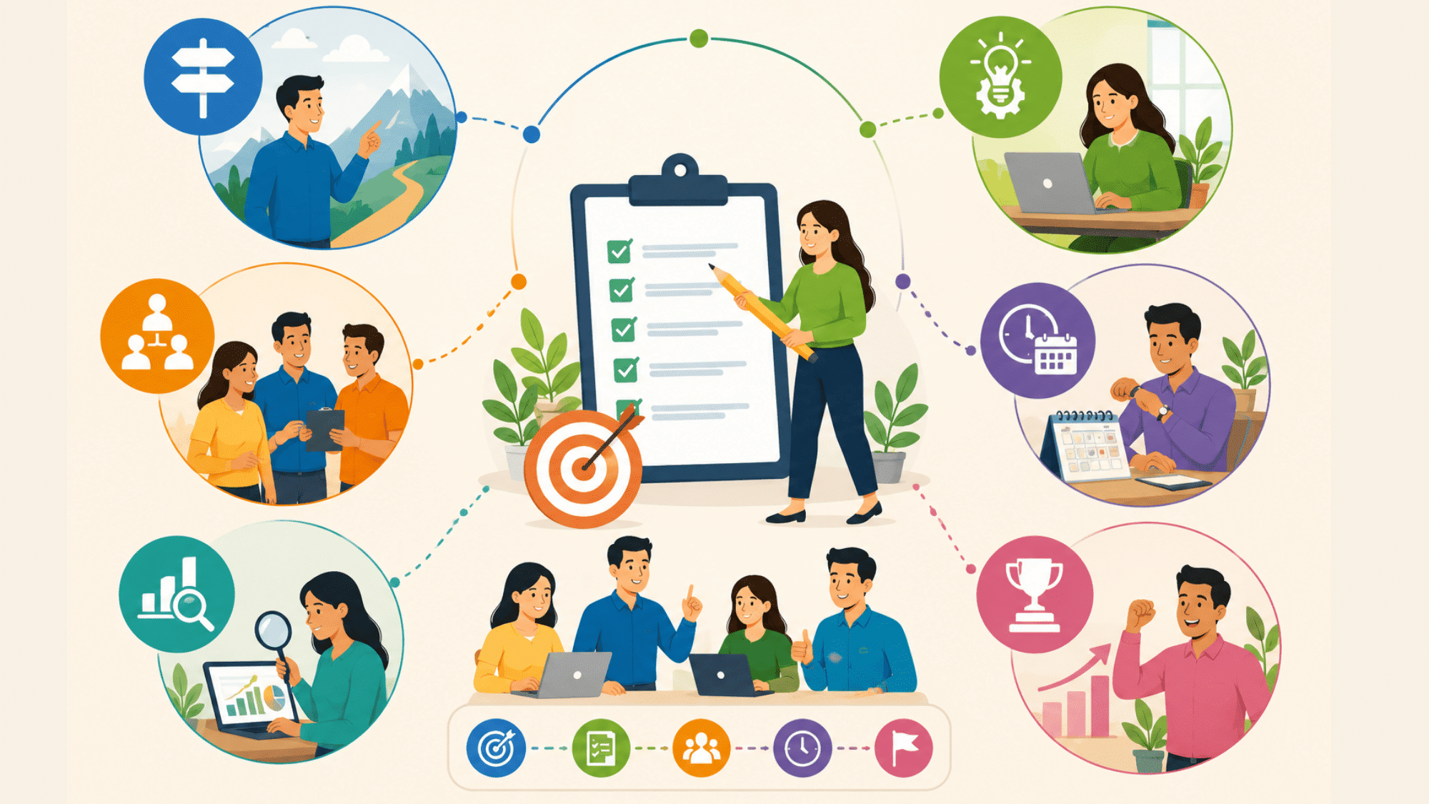 action plan infographic showing direction, accountability, tracking, time management, and success.