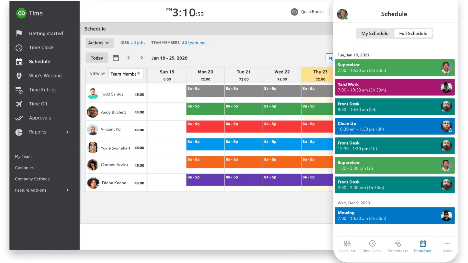 QuickBooks Time scheduling dashboard showing team member shifts, weekly schedule, and job assignments on desktop and mobile.