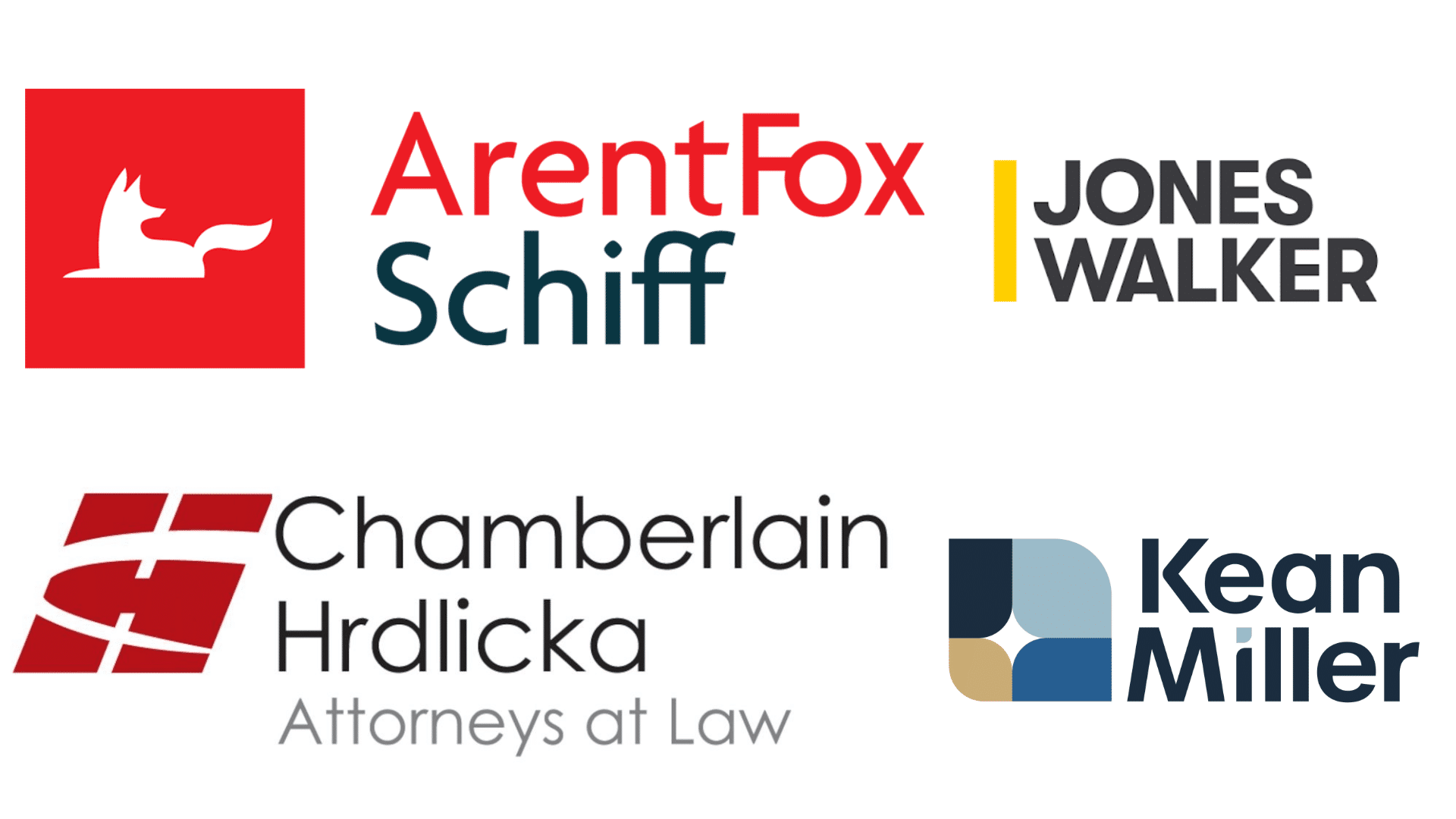 Logos of arentfox schiff, jones walker, chamberlain hrdlicka, and kean miller law firms