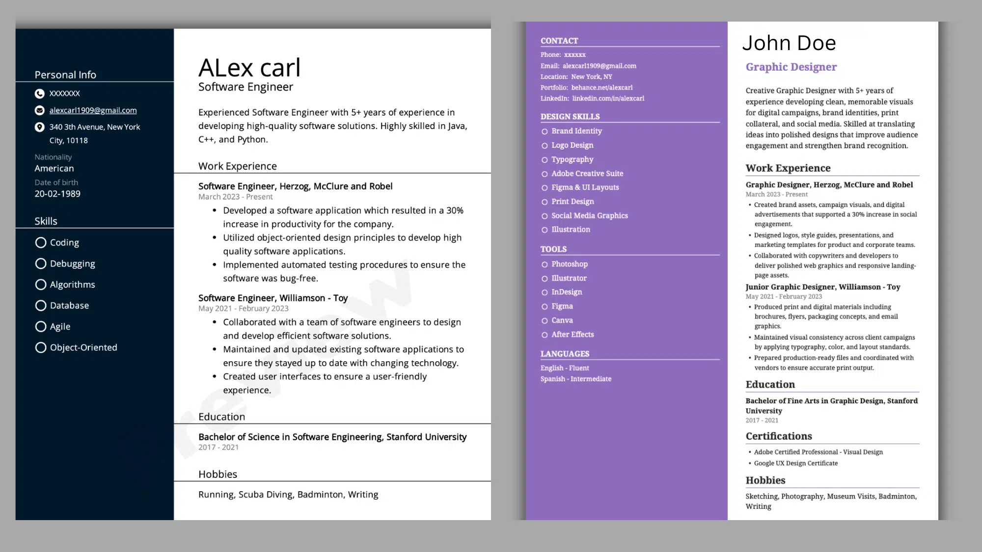 resume of two applicants for software engineer and graphic designer