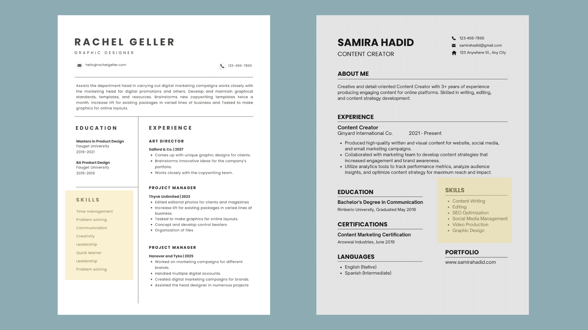 two professional resumes placed on a solid background highlighting a skills section