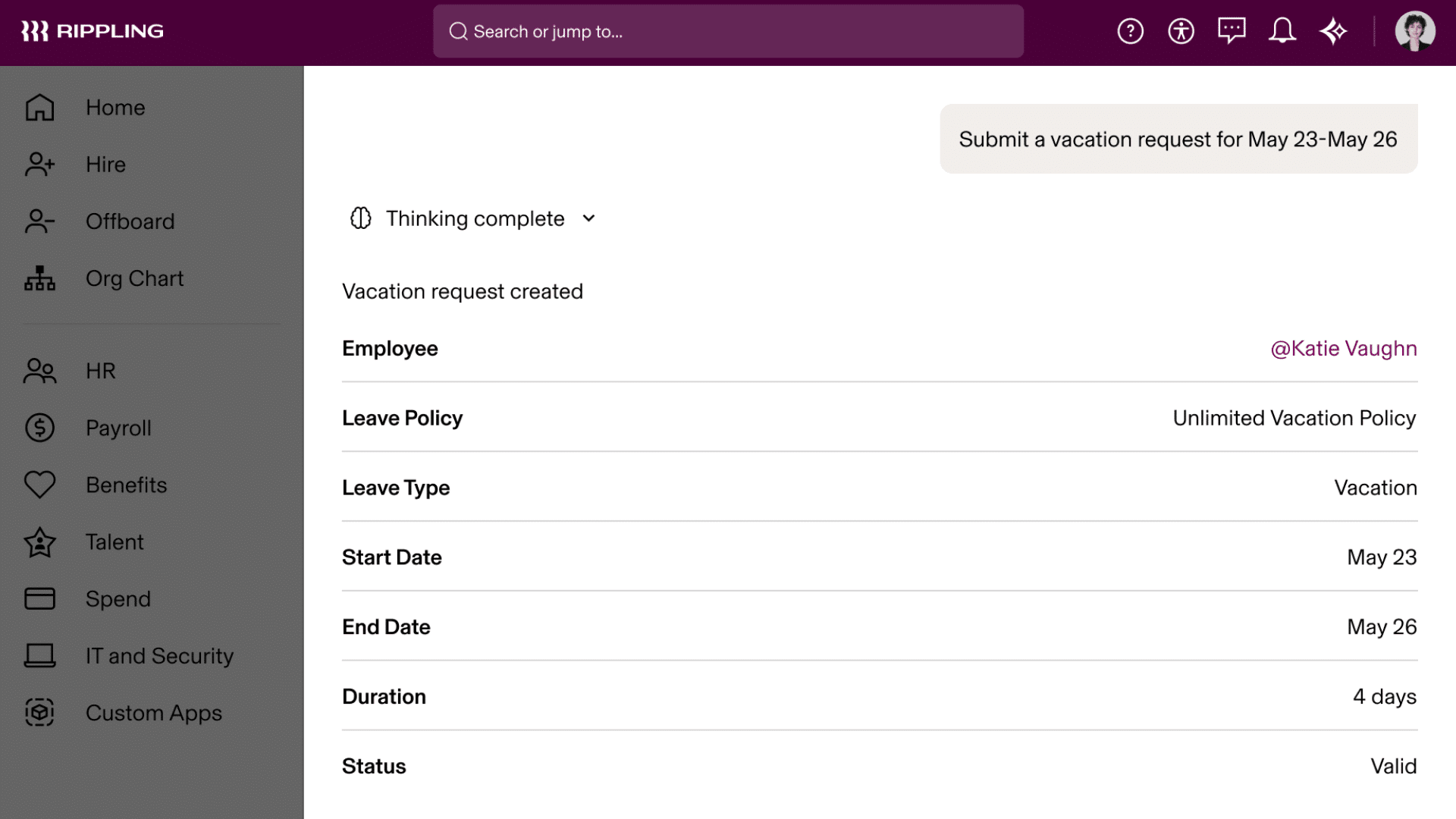 Rippling dashboard showing an AI-generated vacation request for an employee with leave details and approval status.