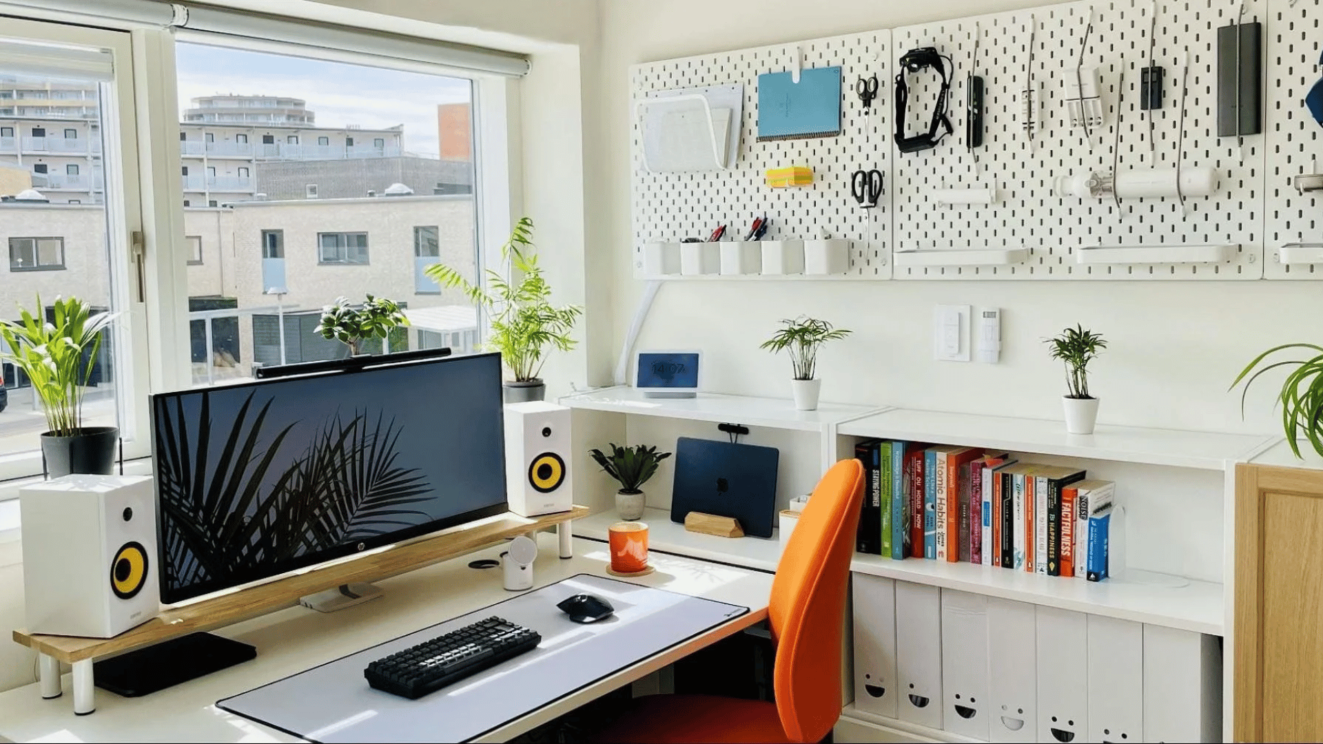 White color theme room withtools on the wall