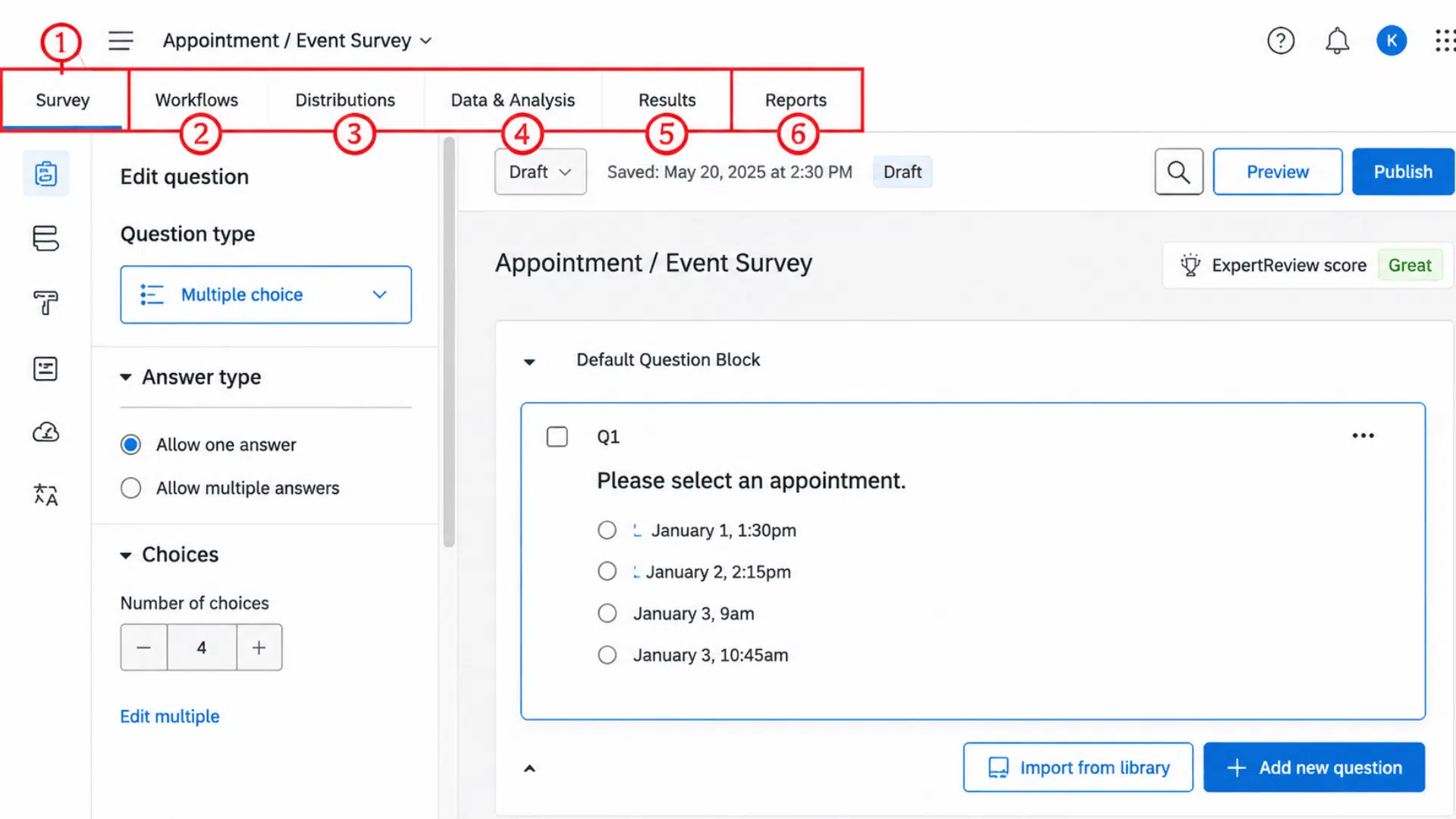 Screenshot of the Qualtrics survey builder interface with numbered annotations highlighting tabs, question editor, and multiple-choice options.