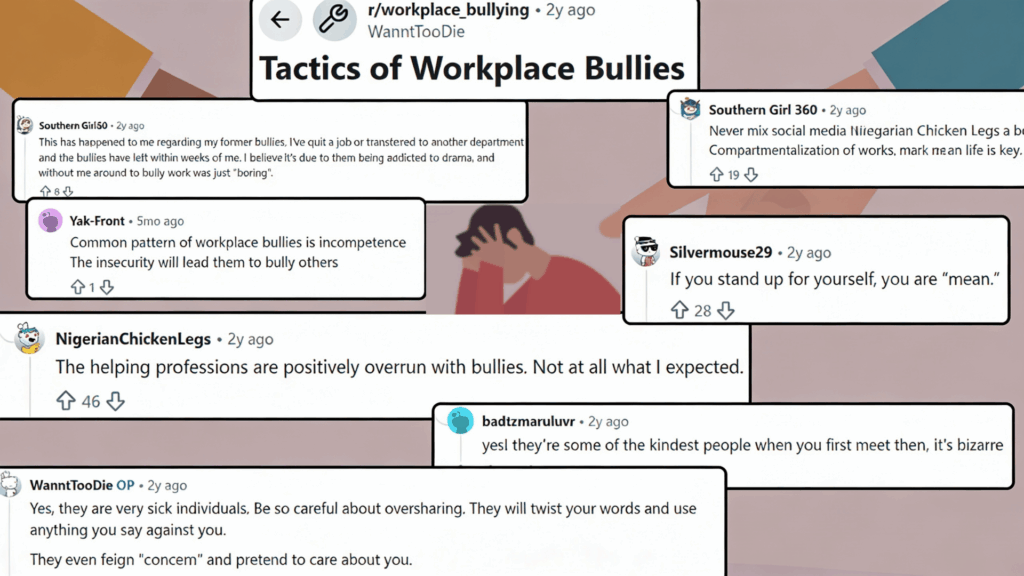 screenshot style graphic about workplace bullying tactics with social media comments and a distressed worker in the background