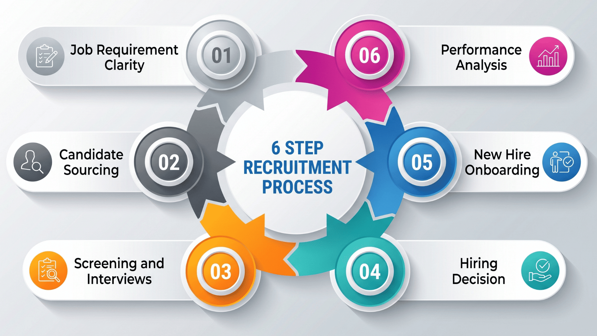 Six-step recruitment process infographic covering job clarity, sourcing, screening, hiring, onboarding, and performance analysis.