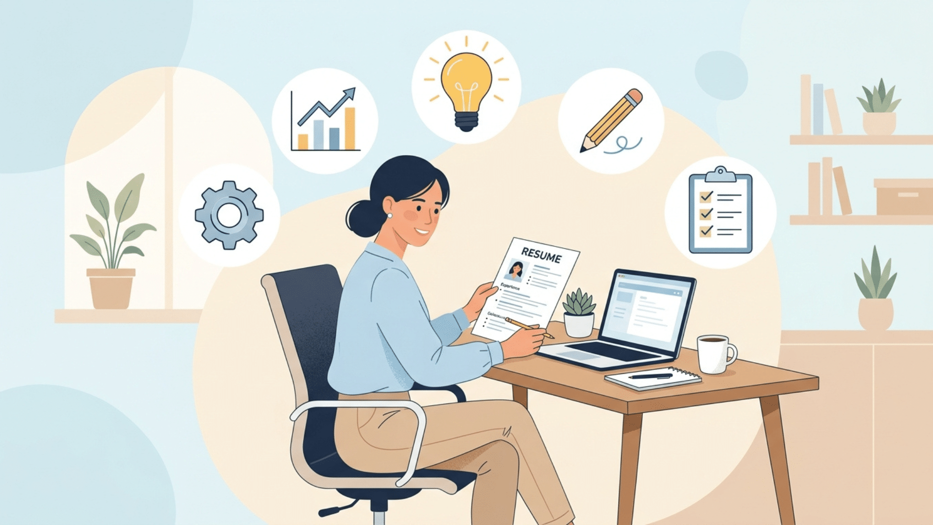 person reviewing a resume surrounded by floating skill icons.