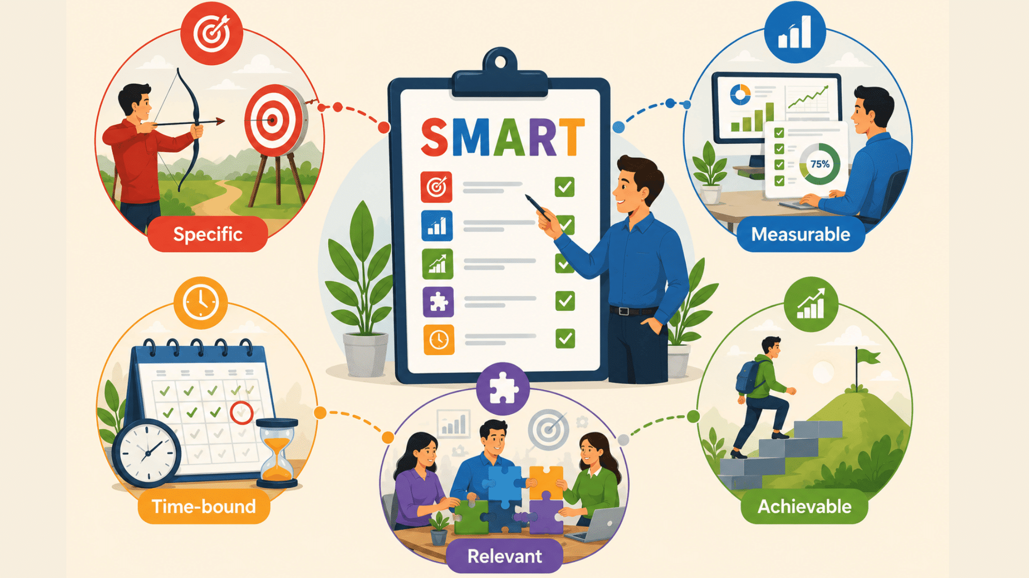 smart action plan infographic showing goal setting, measurement, relevance, deadlines, and achievement.