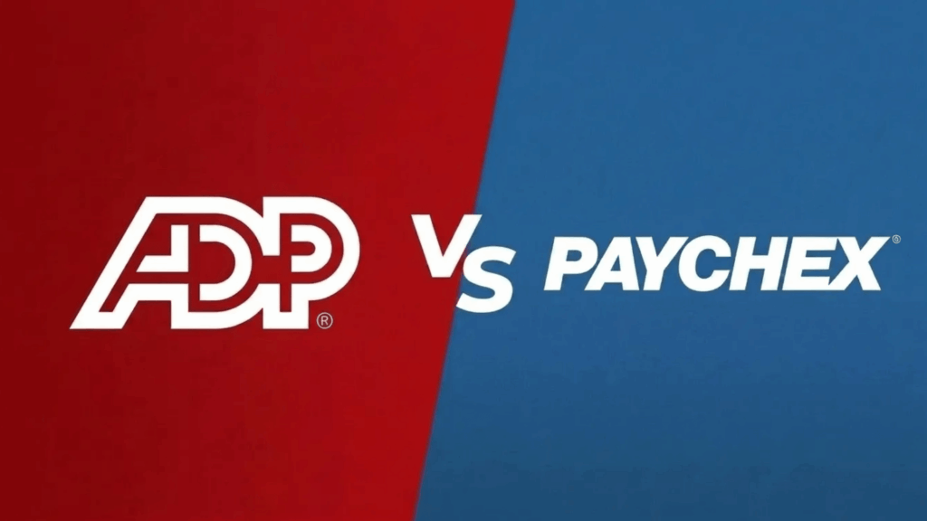 Split-screen graphic showing ADP and Paychex logos with a versus comparison layout on red and blue backgrounds.