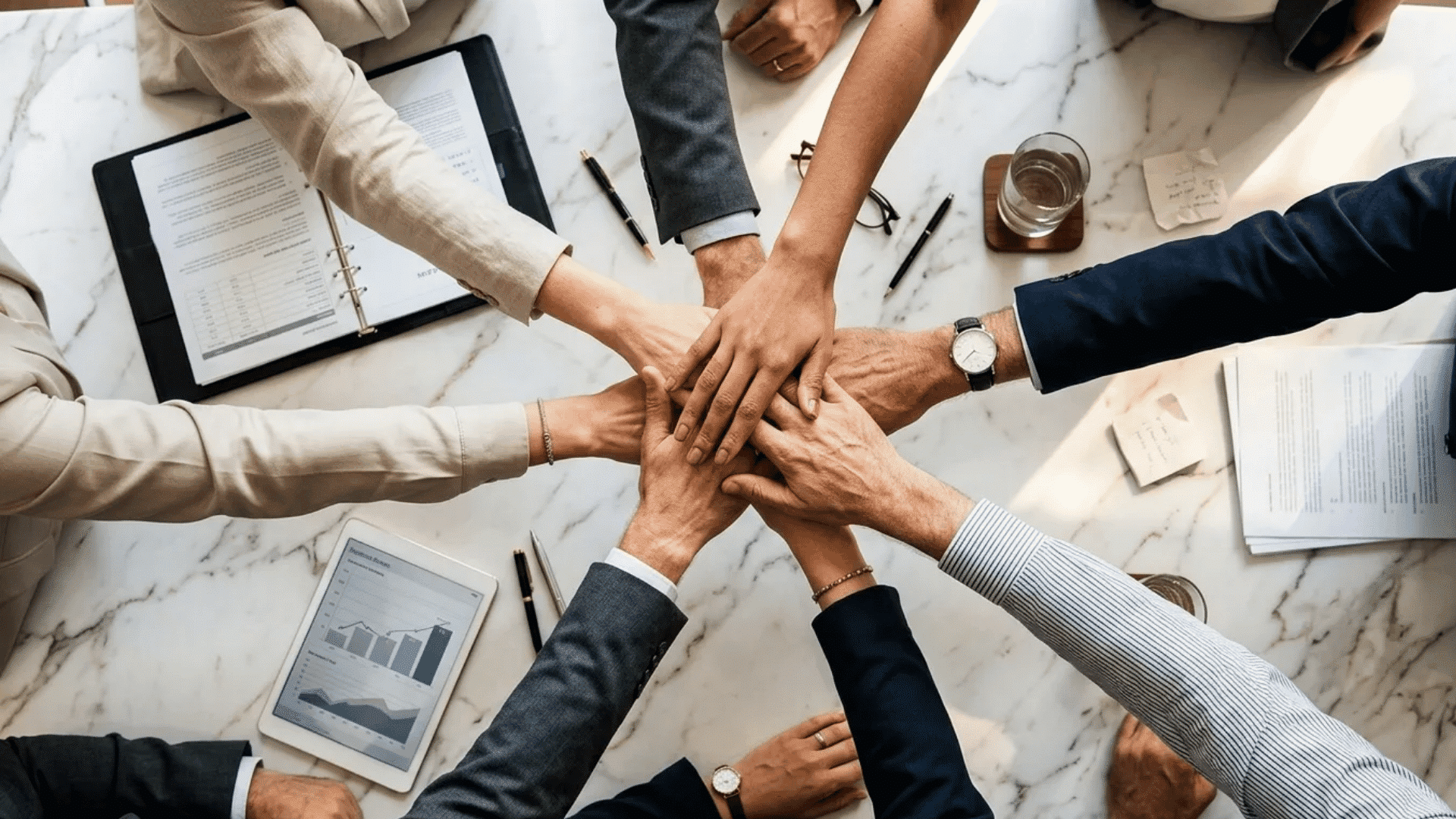 Team members stacking hands together over a meeting table with documents, charts, and office supplies nearby.
