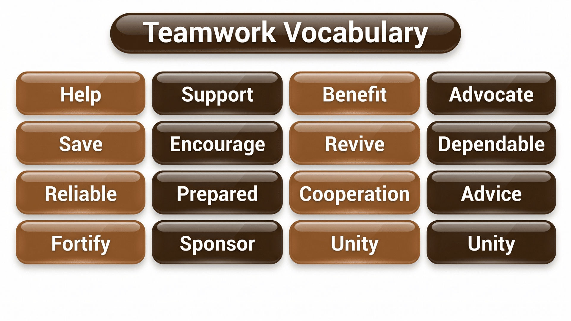 Teamwork vocabulary grid with words like Help, Support, Benefit, Advocate, Dependable, Reliable, Cooperation, Unity.
