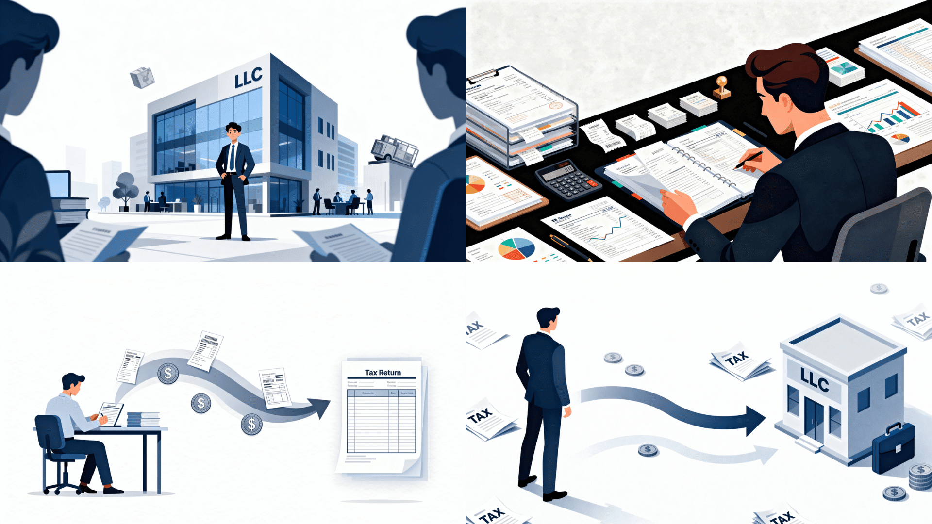 illustrated four-step collage explaining how a disregarded entity works, from business operations and recordkeeping to tax reporting and owner tax treatment