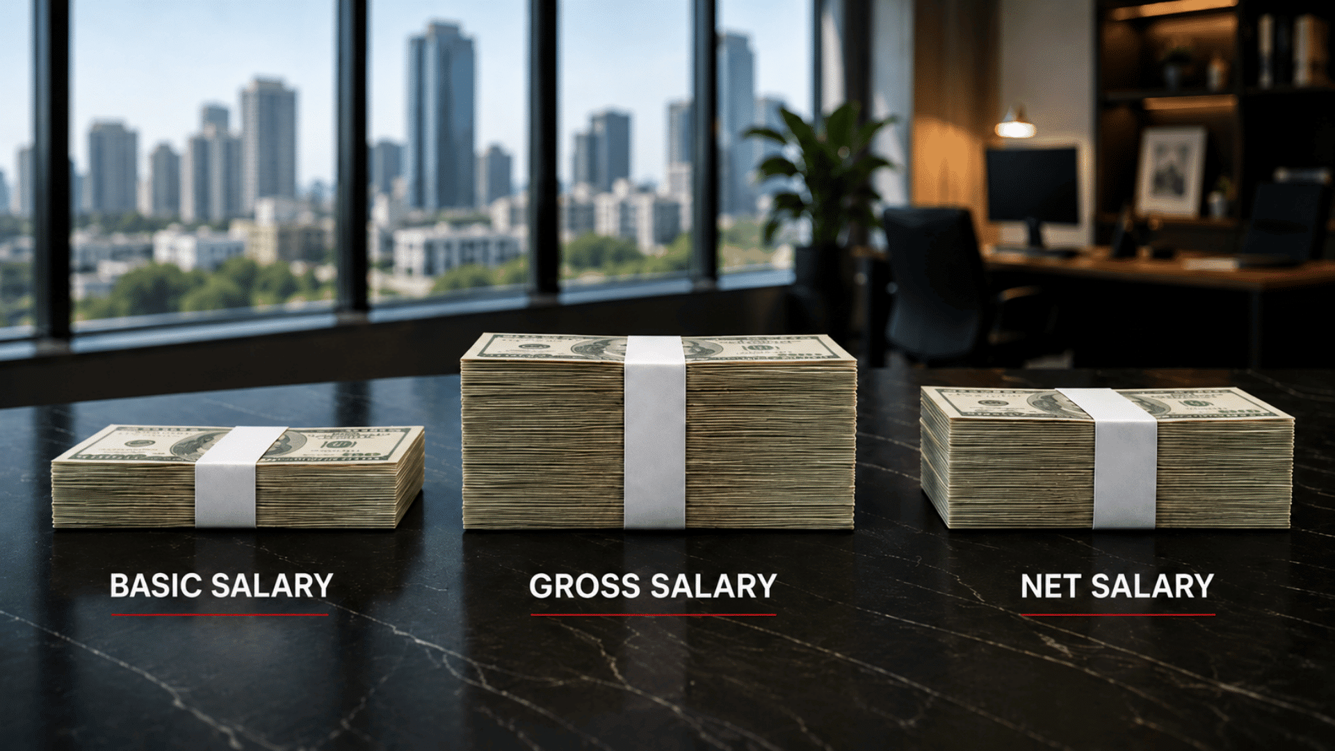 Three stacks of cash labeled basic salary, gross salary, and net salary on a black marble table inside a modern office.