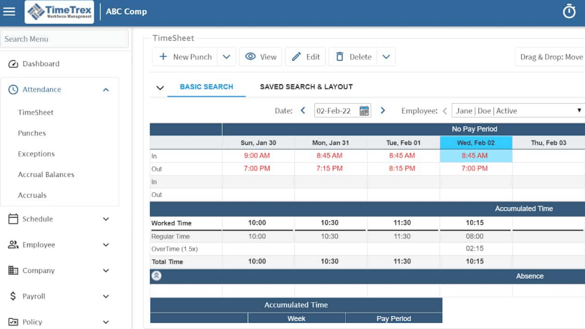 TimeTrex timesheet dashboard showing employee punch-in times, worked hours, overtime, and accumulated time by day.