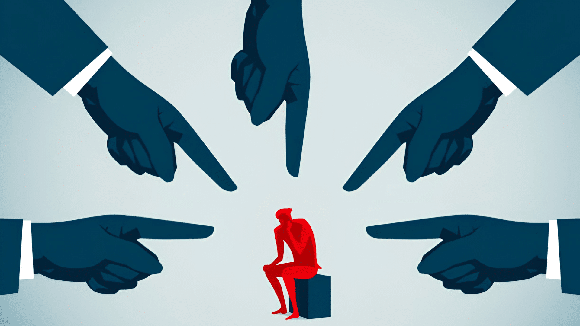 Small red figure surrounded by large pointing fingers illustrating workplace blame and intimidation