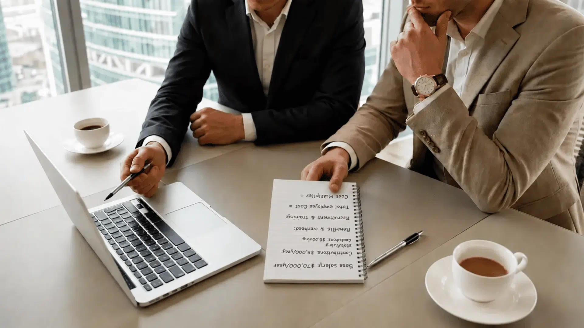 Two business professionals at a table reviewing a notepad with vertically inverted handwritten employee cost details.