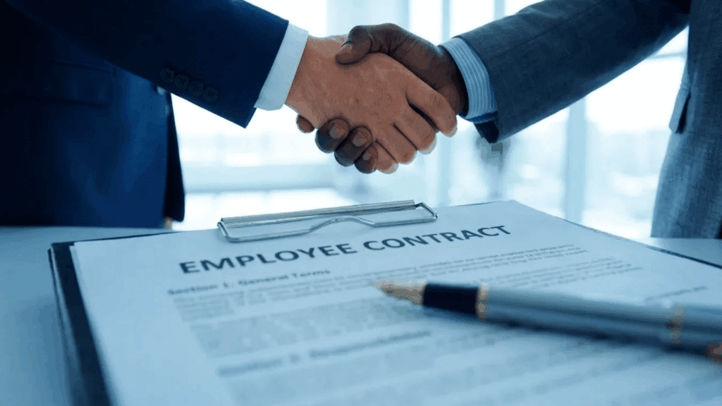 Two people shaking hands over a signed employee contract on a clipboard, with a pen on the desk.