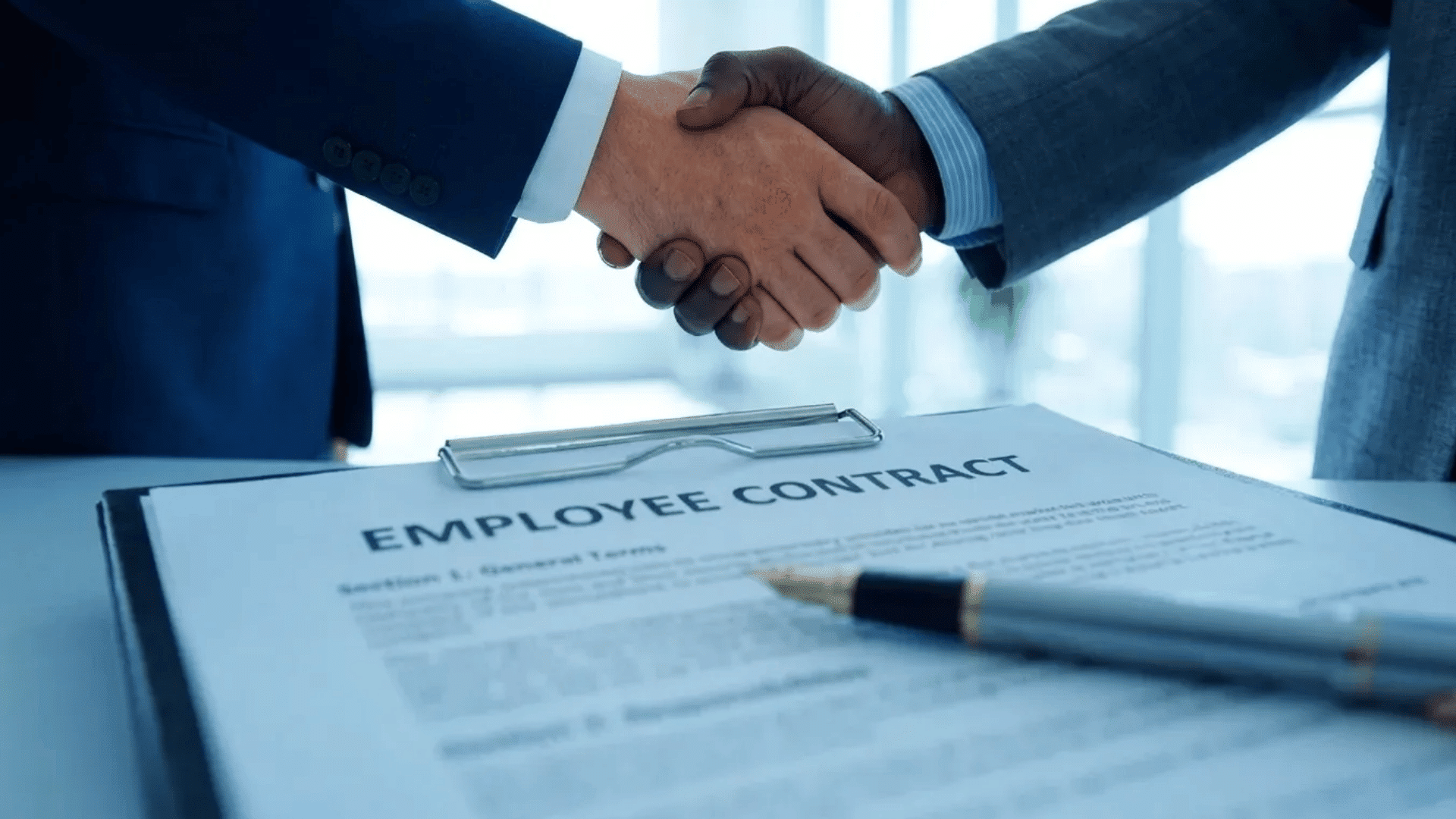 Two people shaking hands over a signed employee contract on a clipboard, with a pen on the desk.