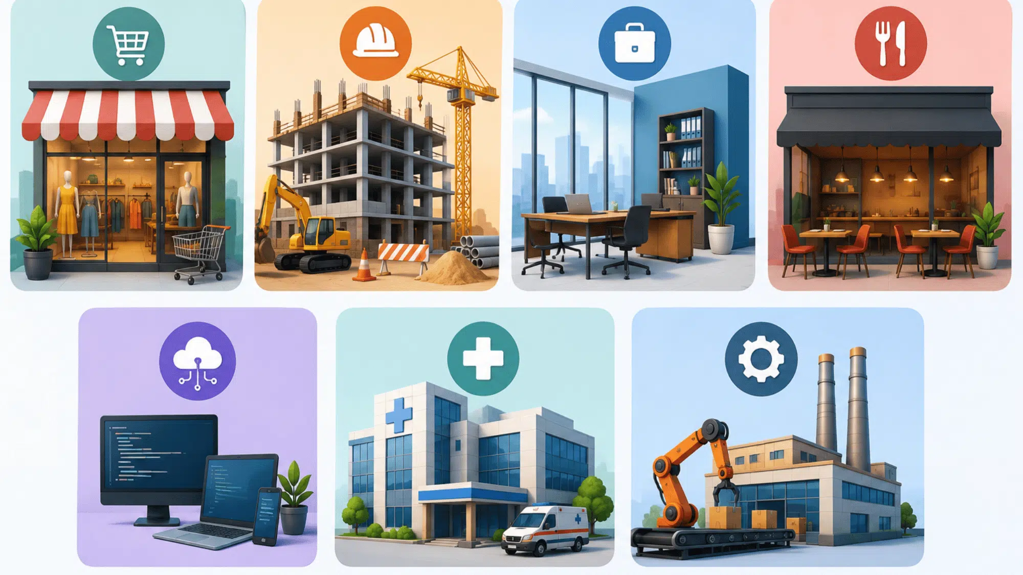 illustration showing retail, construction, office, restaurant, technology, healthcare, and manufacturing businesses for insurance cost comparison.