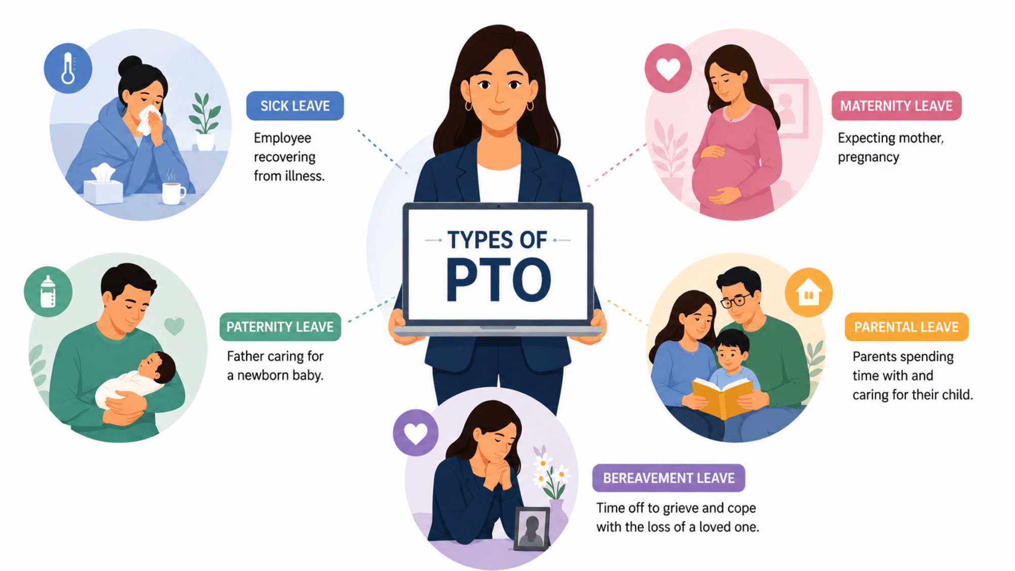 illustration showing types of PTO including sick, maternity, paternity, parental, and bereavement leave.