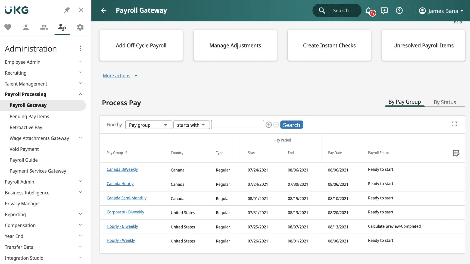 UKG Pro payroll gateway dashboard showing pay groups, pay periods, and payroll status for US and Canada employees.