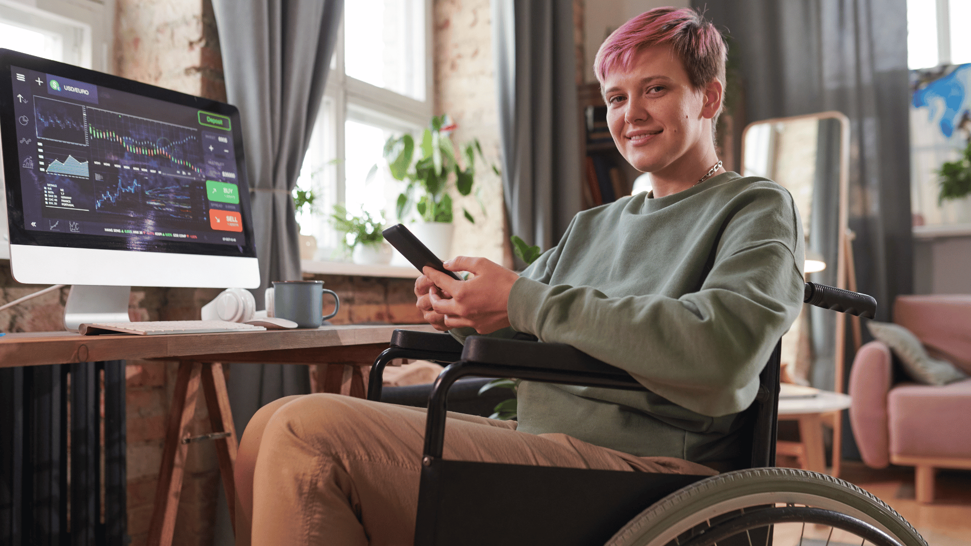 Person on wheelchair having a stock waterfall chart on screen
