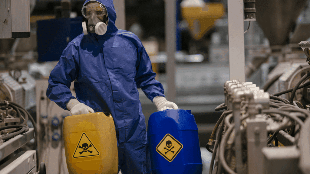 Worker in protective gear handling hazardous chemical containers inside an industrial workplace with safety equipment and warning labels.