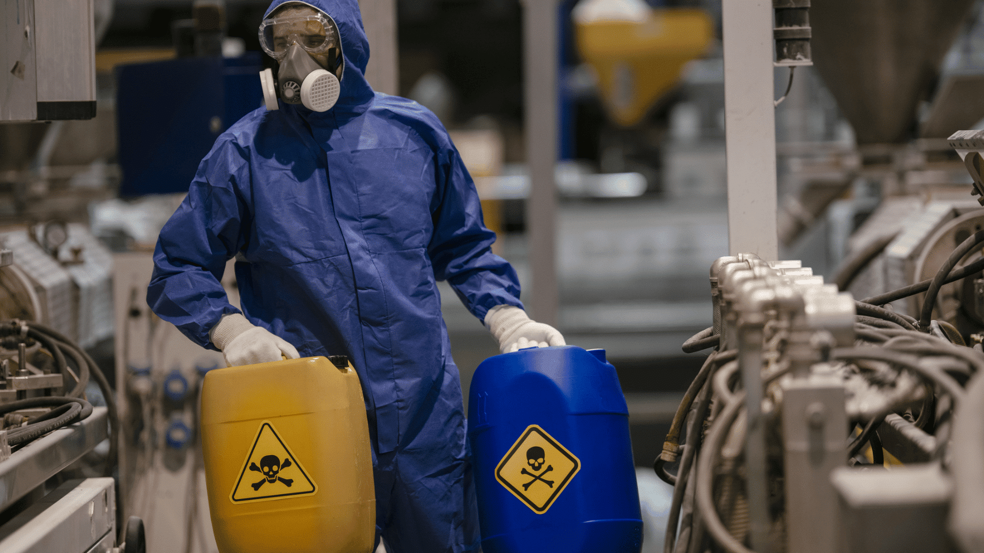 Worker in protective gear handling hazardous chemical containers inside an industrial workplace with safety equipment and warning labels.