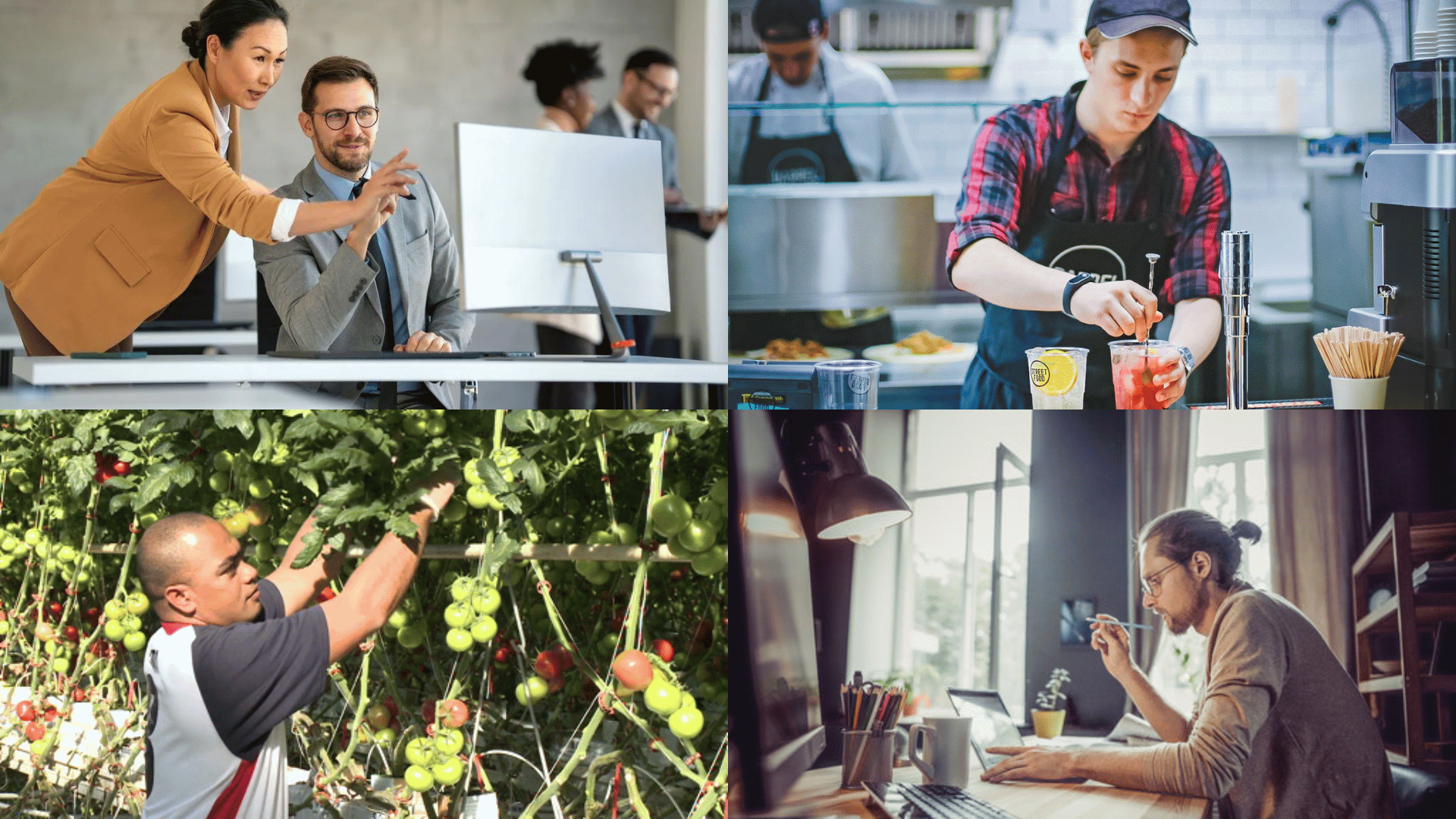 Four workers across different job types representing varied annual work schedules