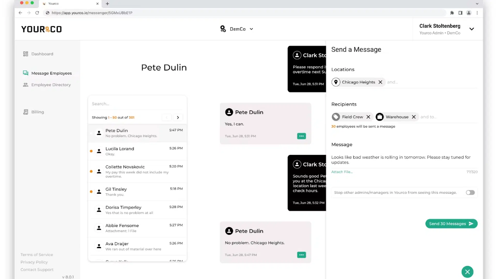 Yourco SMS messaging dashboard showing employee conversations and bulk message sending by location and team.