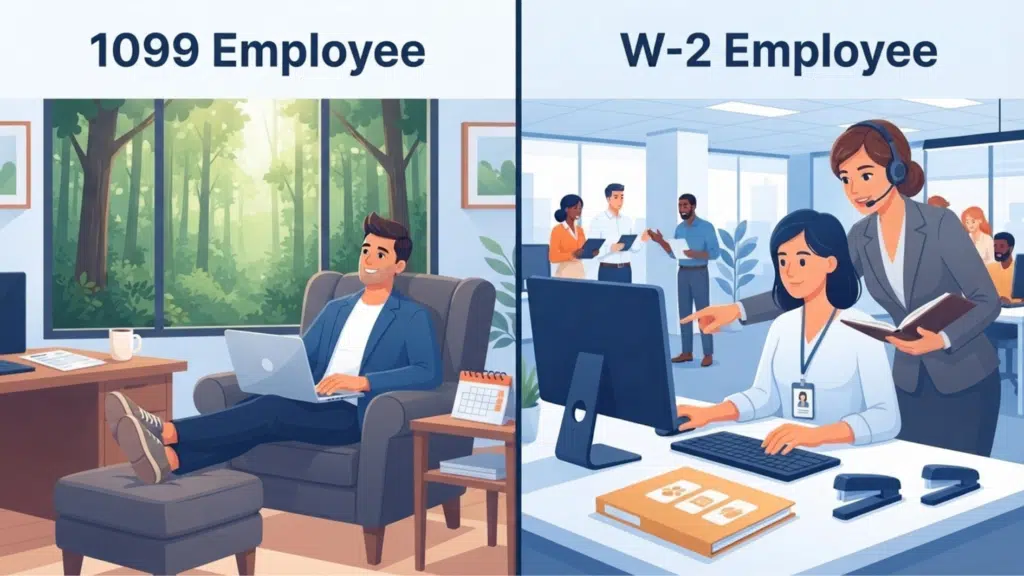 a split-screen illustration showing a W-2 employee in an office and a 1099 freelancer working from home