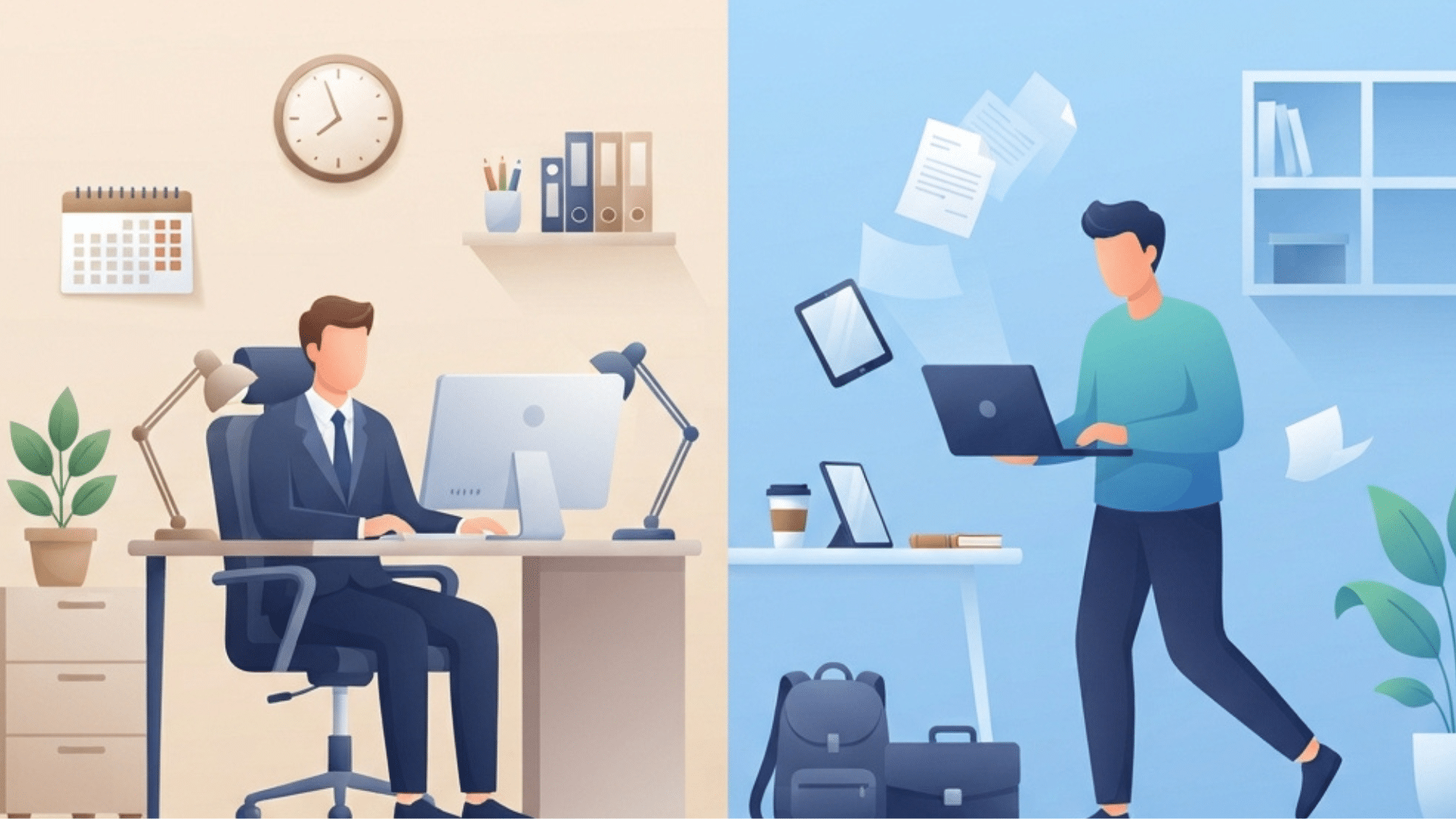 a split illustration showing 1099 and w-2 employee