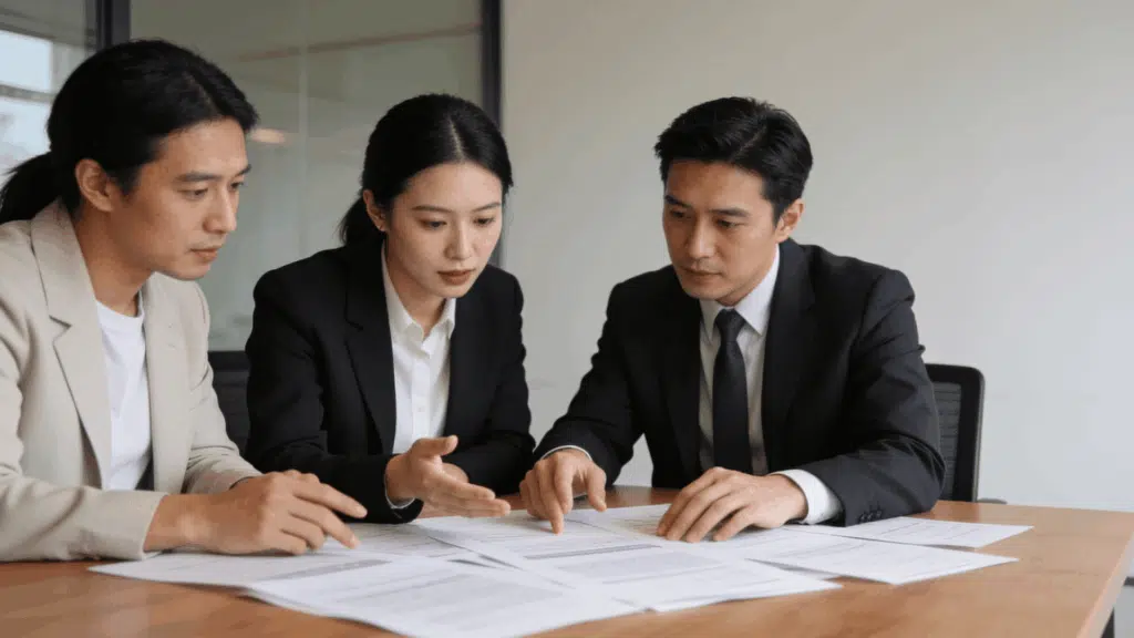 Three professionals seated at a table reviewing printed documents together, discussing details in a focused office meeting, neutral corporate setting.
