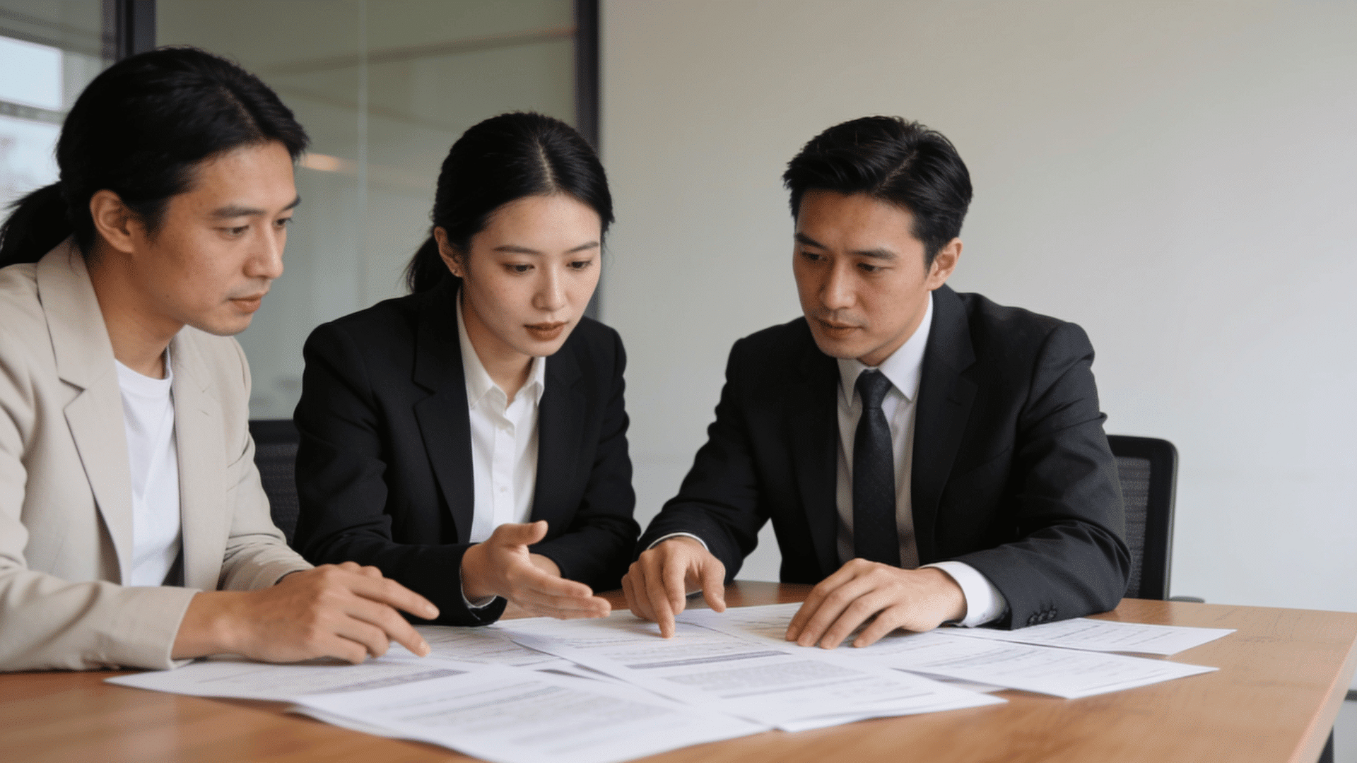 Three professionals seated at a table reviewing printed documents together, discussing details in a focused office meeting, neutral corporate setting.