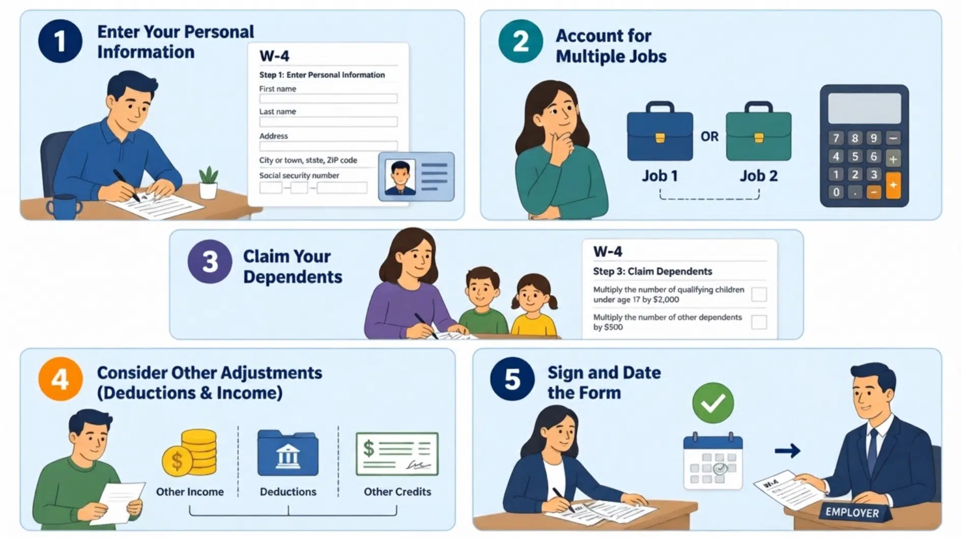 5-step infographic showing how to fill out a W-4 tax withholding form