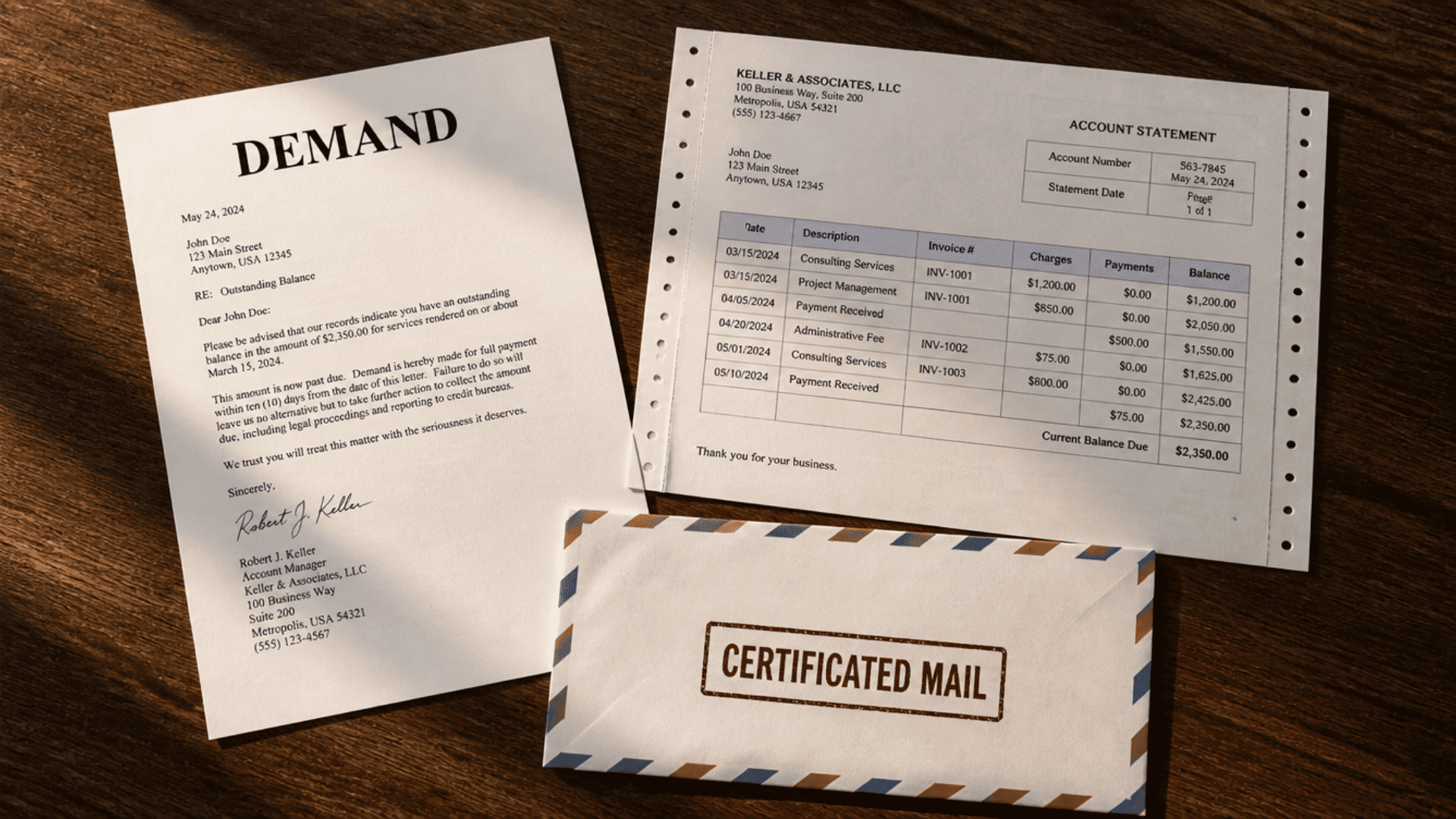 Demand letter with account statement and certified mail envelope on a wooden desk.