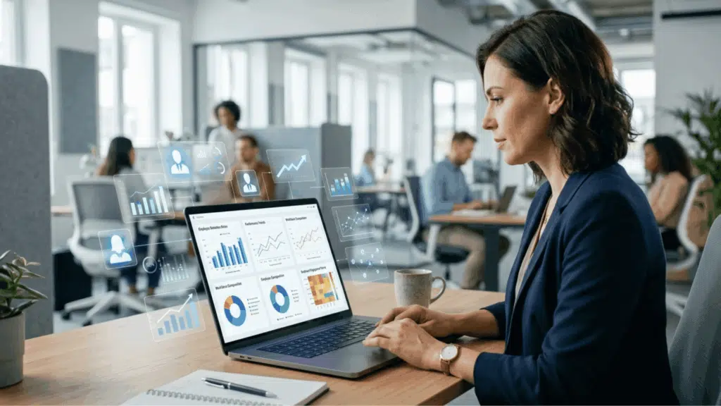 a modern office workspace with a professional HR manager analyzing workforce data