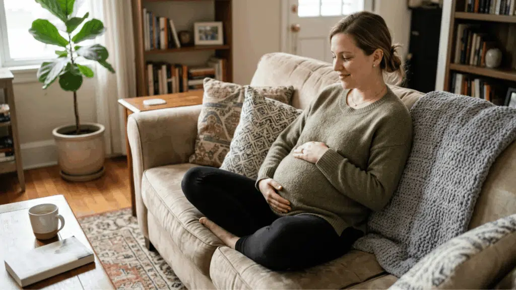 a pregnant woman holding her belly and sitting on the couch