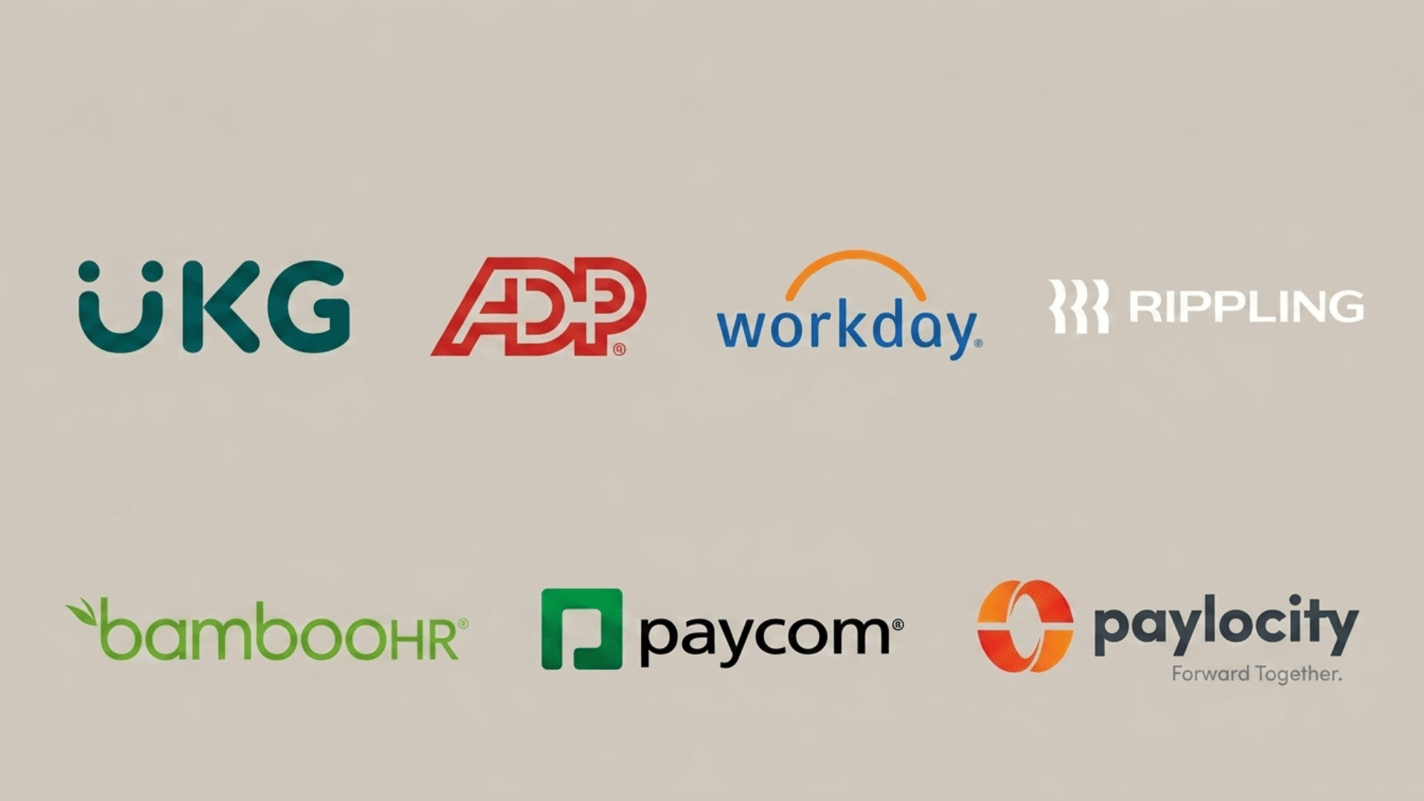 collage of <echighlighted><echighlighted>absence management</echighlighted></echighlighted> software logos including ukg, adp, workday, rippling, bamboohr, paycom, and others
