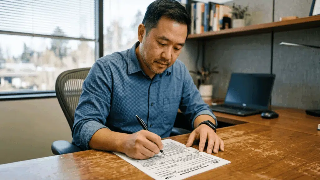 an employee filling w-4 form in the office cabin