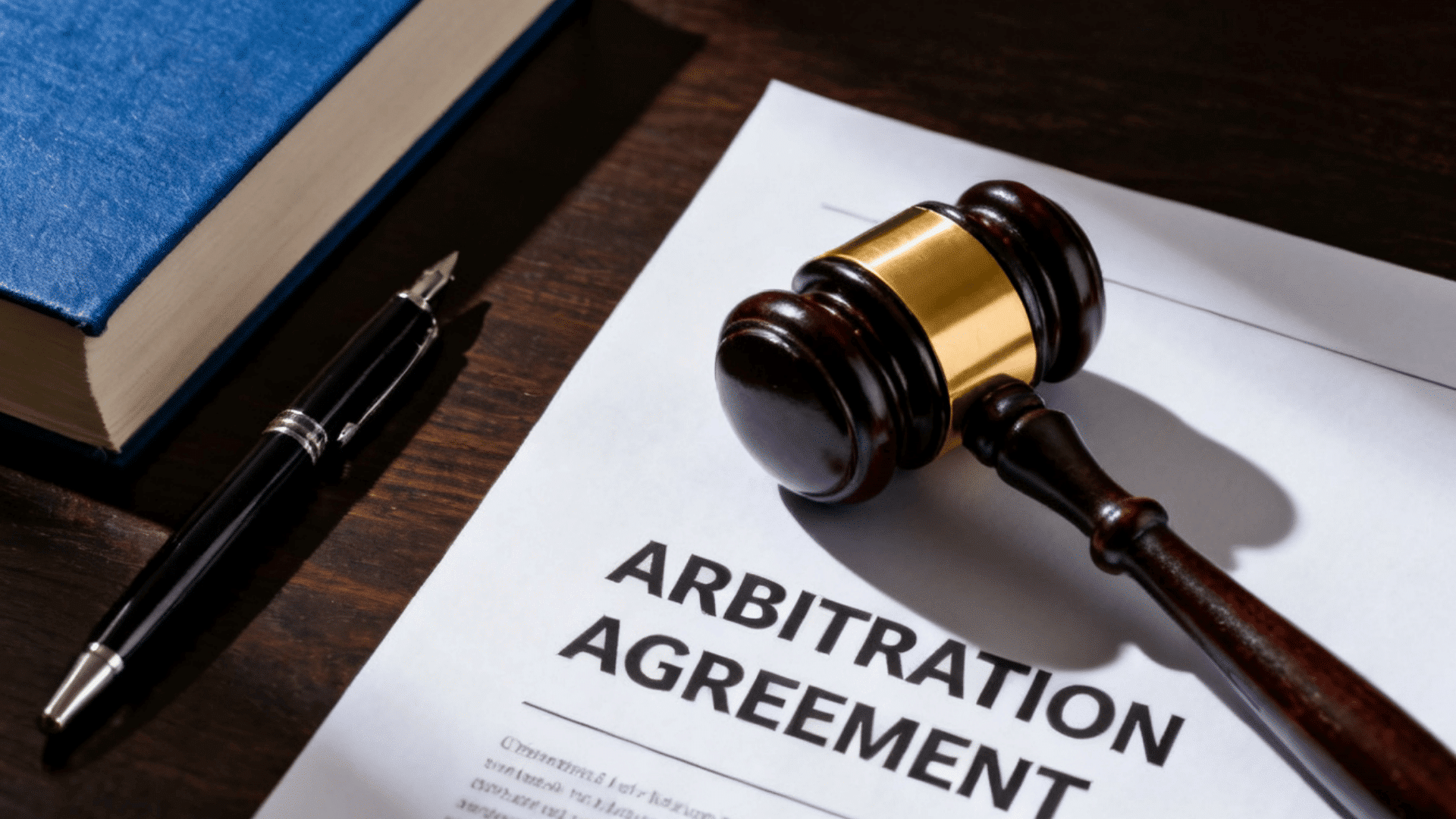Arbitration agreement document with a judge’s gavel, pen, and law book on a desk.