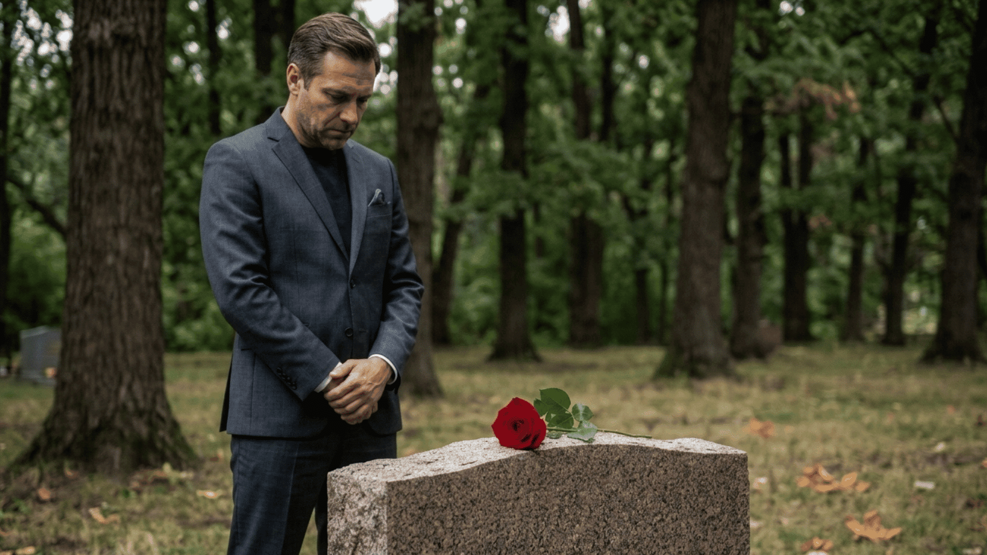 employee paying respects at a graveside funeral with a red rose placed on a headstone during bereavement leave